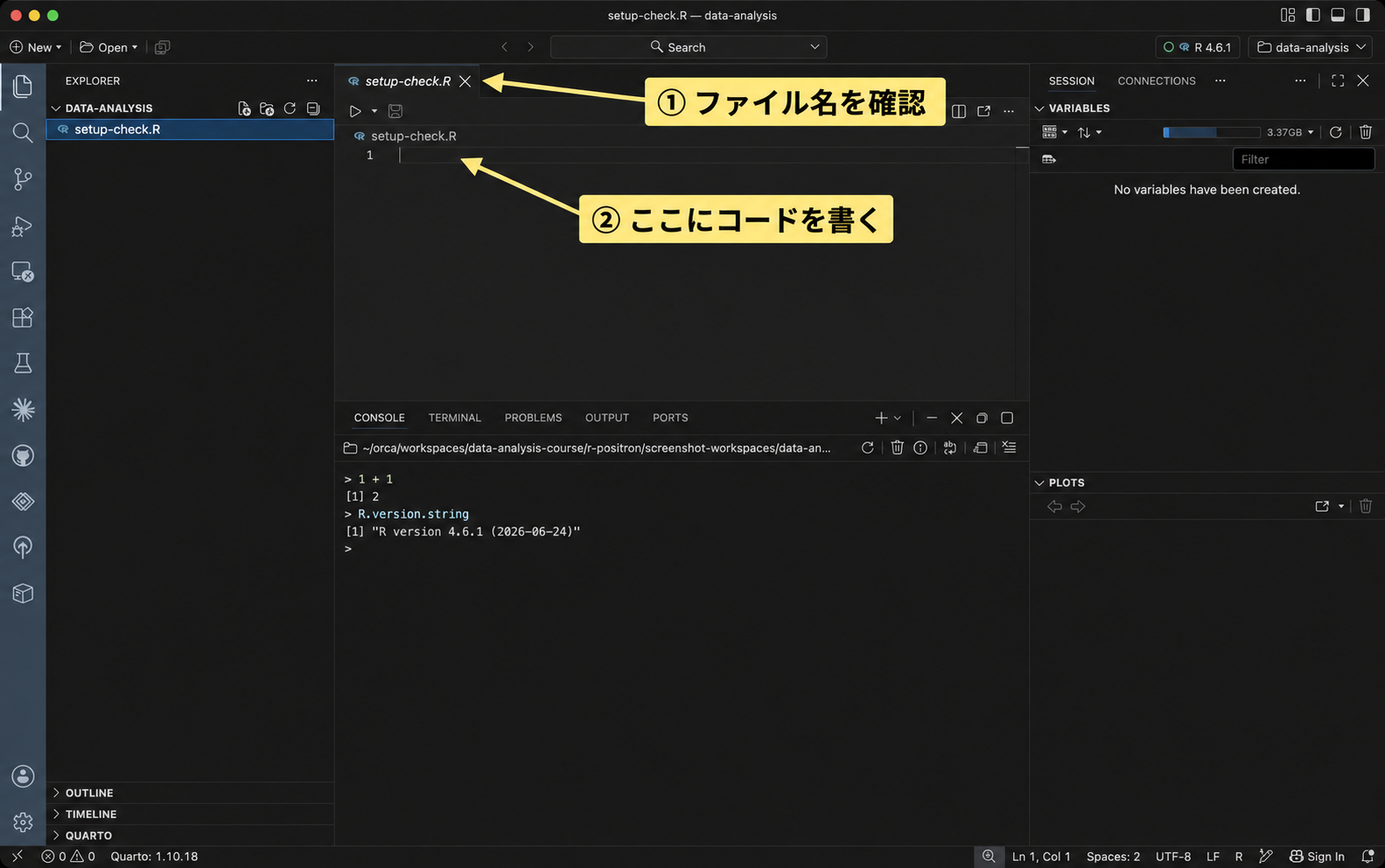 setup-check.Rのタブと空の編集領域を矢印で示している。
