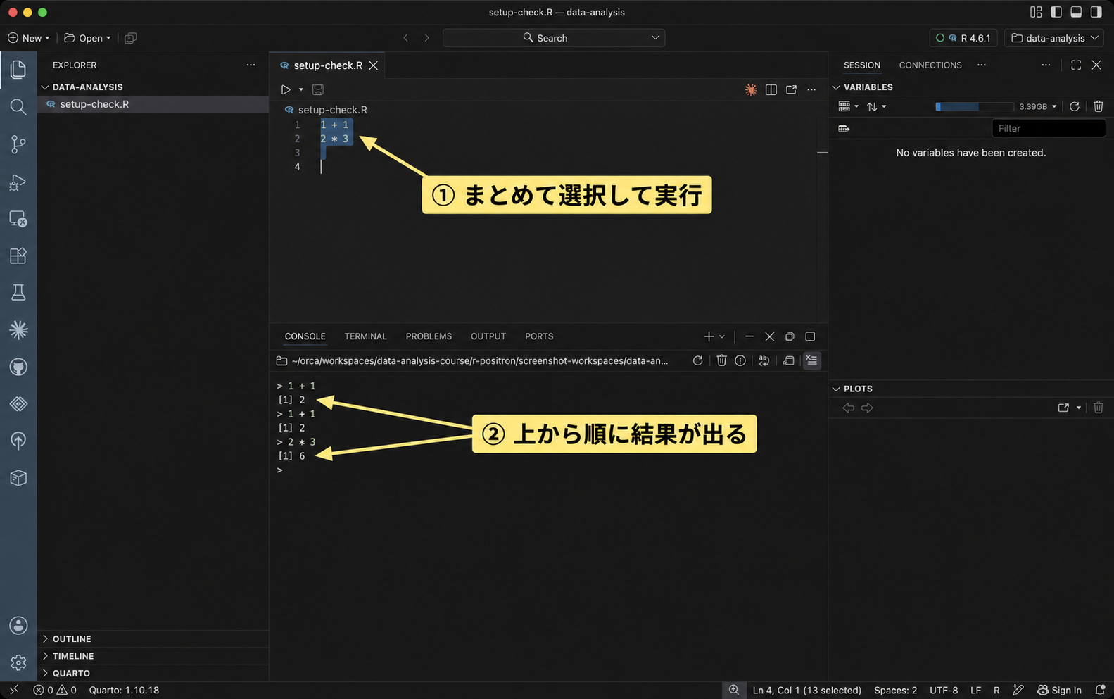 Editorで選択した計算2行と、Consoleに表示された結果2と6を示している。