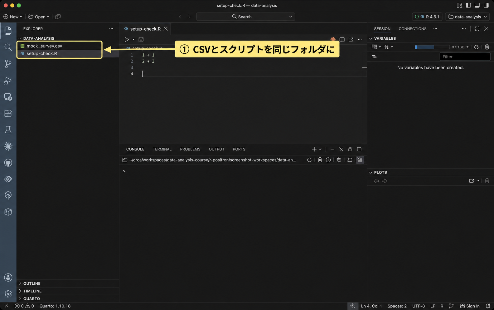 Explorerに並ぶmock_survey.csvとsetup-check.Rを黄色の枠で囲んでいる。