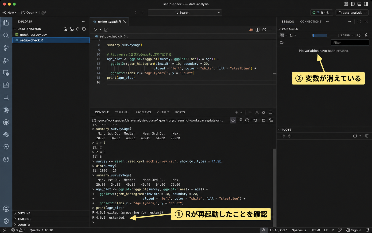 ConsoleのR再起動メッセージと、変数がない状態のVariablesを示している。