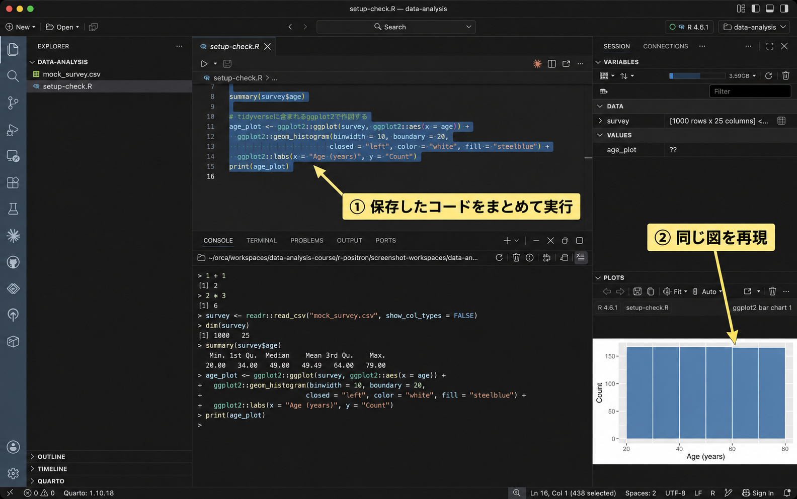 スクリプトの選択範囲と、再実行して表示されたヒストグラムを示している。