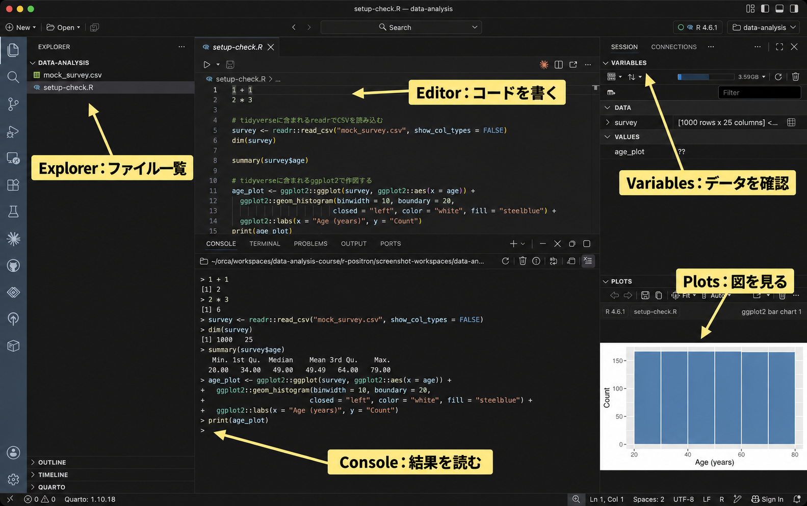 Explorer、Editor、Console、Variables、Plotsの位置と役割を黄色のラベルで示している。